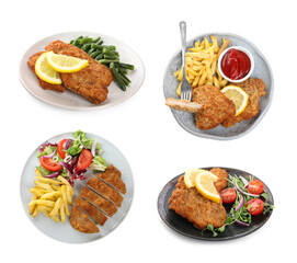 Tasty schnitzels isolated on white. Collage design