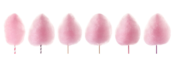 Set of pink cotton candy on sticks isolated on white - obrazy, fototapety, plakaty
