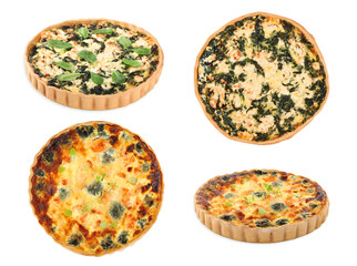 Different tasty quiches isolated on white, collage with side and top views