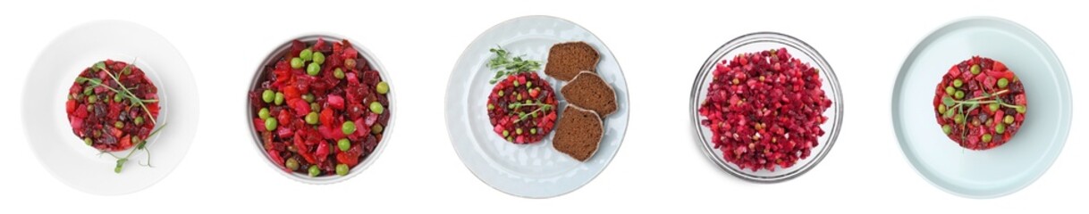 Tasty vinaigrette salads isolated on white, top view. Collage design