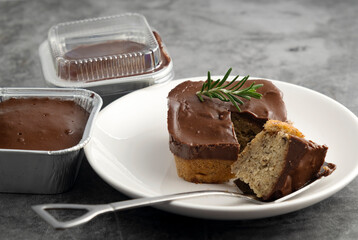 Chocolate banana cake on a white plate