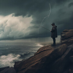 Lone Fisherman fishes off a cliff during a storm.