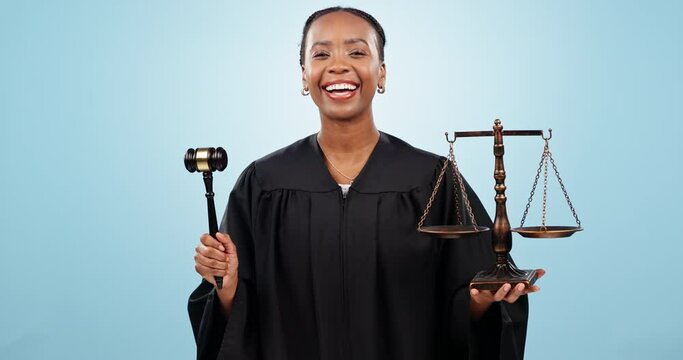 Smile, justice and a black woman or lawyer on a blue background for legal work. Happy, balance and face portrait of an African attorney or judge for fair service, consulting or working as defence