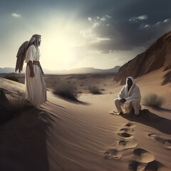 Desert prophet visited by an Angel at Sunrise.