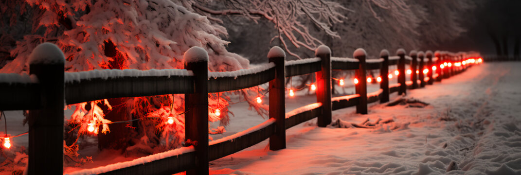 Christmas lights on split rail fence in the snow - winter - holiday spirt - festive decorations - home for Christmas - cozy 