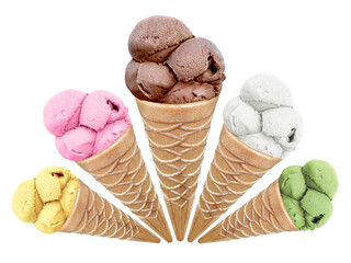 Set of ice cream in waffle cone, transparent background