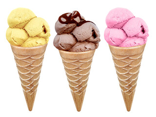 Set of ice cream in waffle cone, transparent background