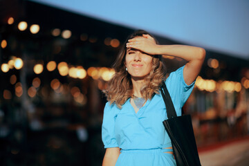 Stressed Woman with Hand on her Forehead Realizing She Forgot Something. Confused girl feeling tired and experiencing memory lapse 
