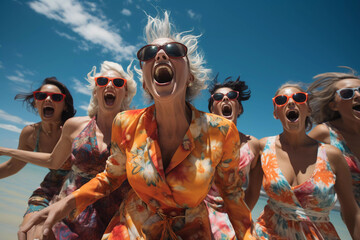 group of elderly ladies tourists laughing loudly outdoors in colorful and elegant beach attire  - obrazy, fototapety, plakaty