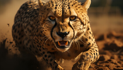 Obraz premium Majestic cheetah, spotted beauty, staring, walking in African wilderness generated by AI