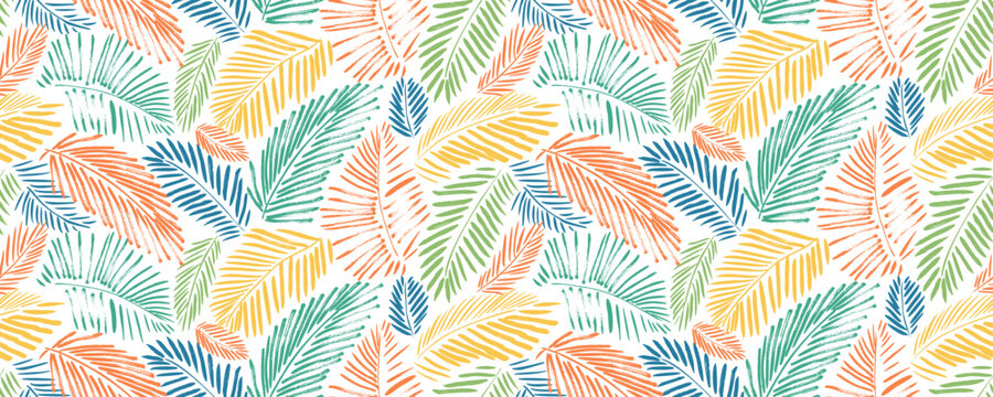 Colorful palm leaves seamless banner design. Grunge tropical leaves texture.