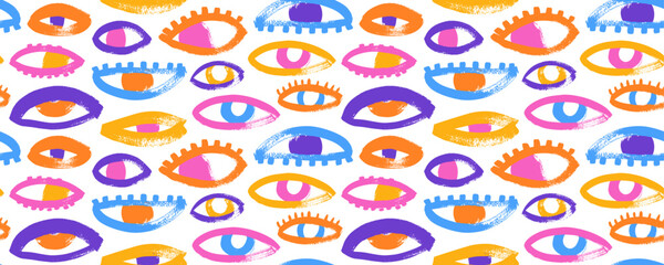 Cute cartoon style thick eyes seamless banner. Brush drawn colorful doodle background.