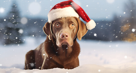 Cute chocolate lab laying in the snow with a Santa hat on. Christmas themed. 