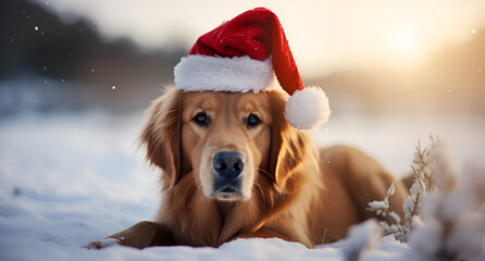 Cute golden retriever laying in the snow with a Santa hat on.