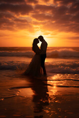 silhouette of a couple on the beach at sunset