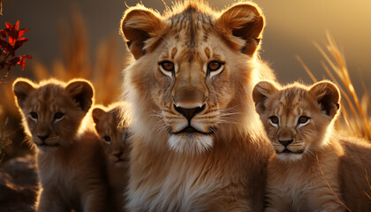 Lioness and cub in the African savannah, a beautiful family portrait generated by AI - obrazy, fototapety, plakaty