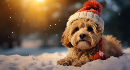 Cute terrier laying in the snow with a Santa hat on. Christmas themed. 