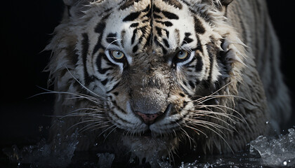 Obraz premium Majestic Bengal tiger, fierce and beautiful, staring into the camera generated by AI