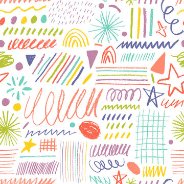 Colored charcoal doodle shapes and lines seamless pattern. Childish doodle shapes background.