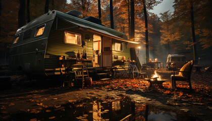 Camping in autumn, nature beauty, a tranquil scene by the fire generated by AI