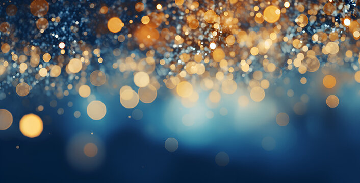 Abstract background with gold and blue particles. Christmas holiday concept with a navy blue background. 