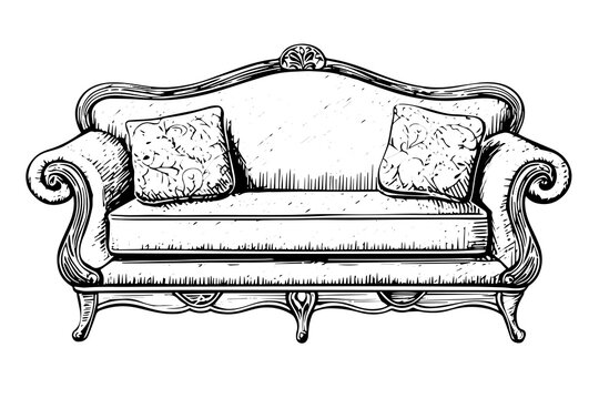 Vintage sofa hand drawn ink sketch. Engraving style vector illustration