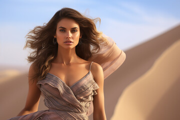 Fototapeta premium Portrait of a beautiful brunette woman in a desert, exotic mood - Generative AI