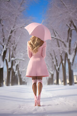 Fashion model in pink dress with pink umbrella in the snow forest