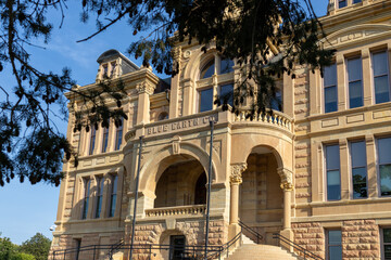 Fototapeta na wymiar Close up view of the historic Blue Earth County Courthouse in Mankato, Minnesota, built in 1889, and listed in the National Register of Historic Places