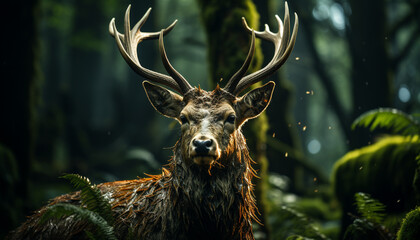 A majestic stag gazes, surrounded by winter tranquil beauty generated by AI