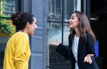 Two friends or sisters having a conversation, happy and joyful women