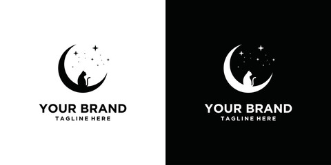 logo design silhouette of a cat sitting on a crescent moon with star decoration in a simple flat style design with a peaceful feel.