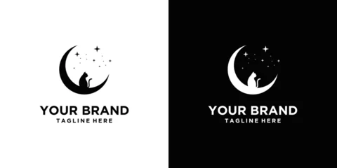 Tuinposter logo design silhouette of a cat sitting on a crescent moon with star decoration in a simple flat style design with a peaceful feel. © zulfan