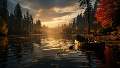Autumn forest reflects tranquil beauty of nature in serene waters generated by AI - obrazy, fototapety, plakaty