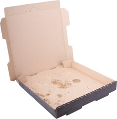 Empty pizza box open with pizza stains inside isolated on transparent background