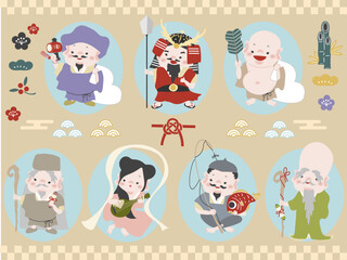 かわいい三頭身の七福神のアイコンセット　おめでたくてキュートなイラスト　お正月そざいとして使えるベクター素材
