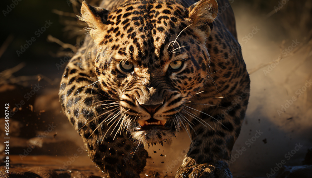 Poster majestic big cat walking in the wilderness, looking at camera generated by ai