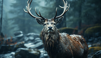 Majestic stag in winter forest, close up, tranquil and beautiful generated by AI