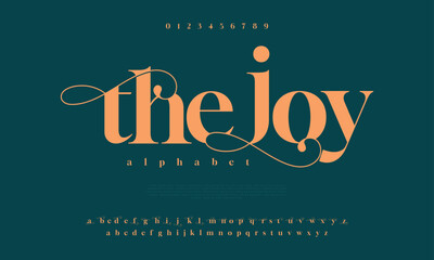 Thejoy premium luxury elegant alphabet letters and numbers. Elegant wedding typography classic serif font decorative vintage retro. Creative vector illustration