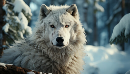 Obraz premium A cute wolf pup sits in the snowy forest, looking adorable generated by AI