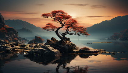 Tranquil scene  sunset reflects on water, silhouettes of trees generated by AI