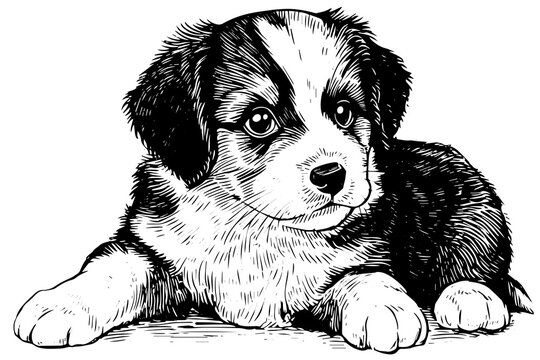Cute puppy hand drawn ink sketch. Dog in engraving style vector illustration