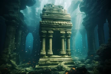 Poster de jardin Vieil immeuble Legendary Atlantis. The sunken continent of an ancient highly developed civilization. Underwater historical discoveries