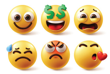 Emoji face characters vector set. Emojis emoticon character yellow emoticon in happy, smiling, money dollar, disappointed, sad and enraged facial expression in white background. Vector illustration 