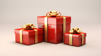 Three red gift boxes tied with a gold bow on a white background.