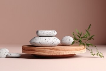 Terrazzo marble podium with rounded wood for product presentation. Natural beauty pedestal, relaxation and health, 3d illustration. generative ai.