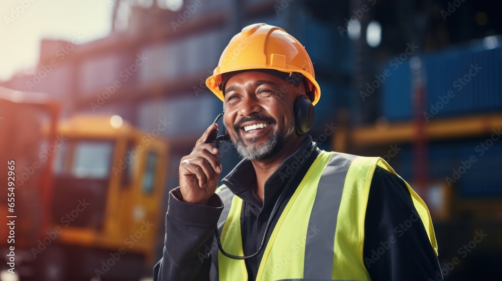 Wall mural Hispanic man harbor worker and control loading containers at container warehouse. container yard port of import and export goods, container, import and export goods, industrial, transportation