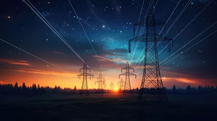 Foto op Canvas Electricity transmission towers with orange glowing wires the starry night sky. Energy infrastructure concept, energy, electricity, voltage, supply, pylon, technology © pinkrabbit