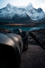 Vertical shot of a high-quality camera with a zoom lens in Torres del Paine National Park, Chile
