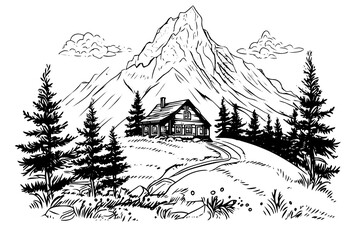 Fototapeta na wymiar Mountain rural landscape hand drawn ink sketch. Engraving vintage style vector illustration